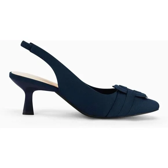 Women's Navy Blue Sling Back Kitten Heel Pointed Closed Toe Comfortable Sandal - Picture 4 of 6